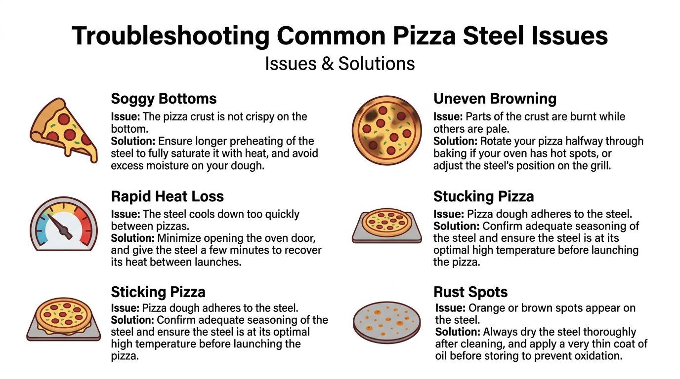 An infographic titled Troubleshooting Common Pizza Steel Issues, listing common problems and their corresponding solutions.