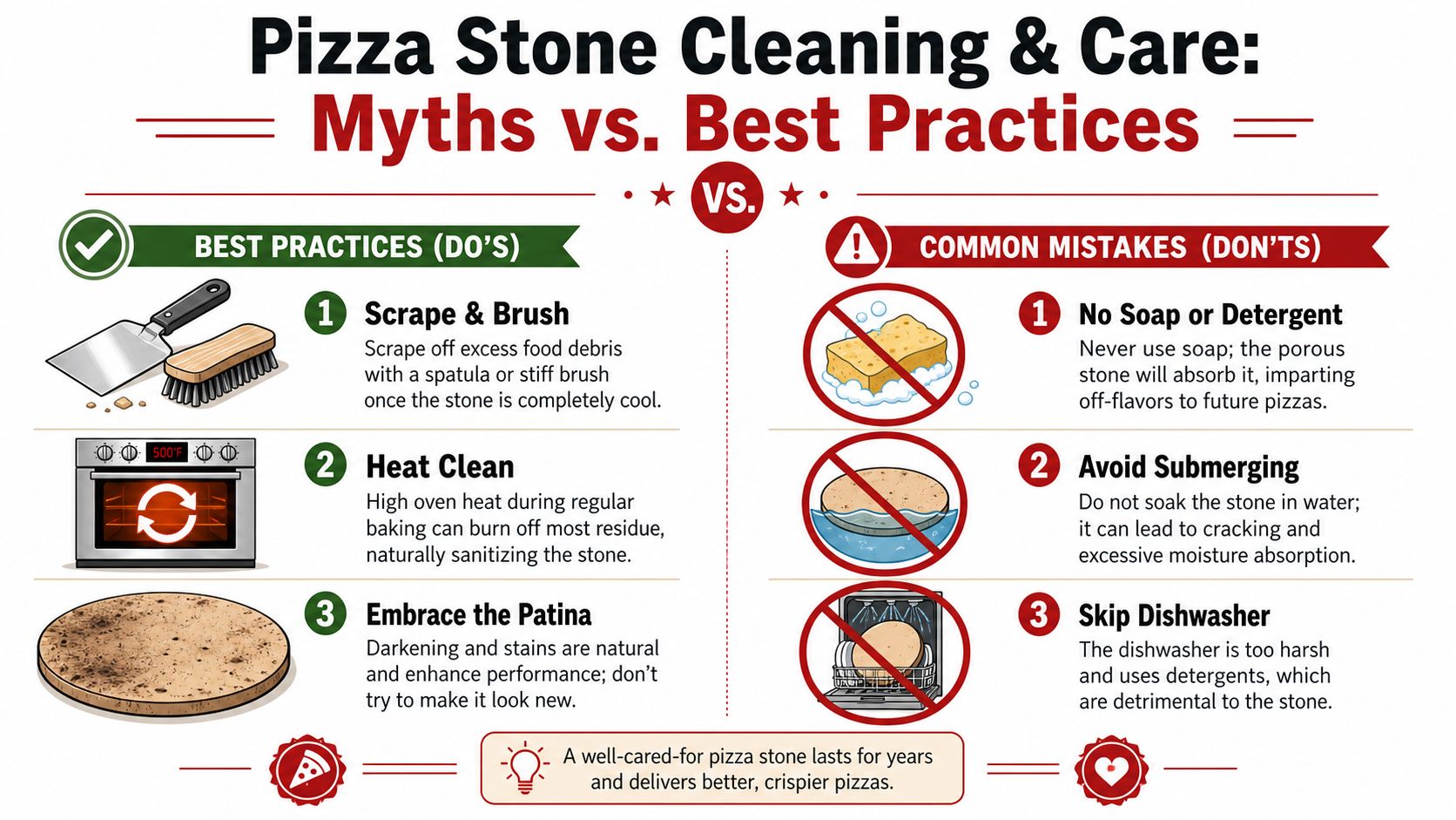 An infographic detailing best practices versus common mistakes for cleaning and caring for a pizza stone.