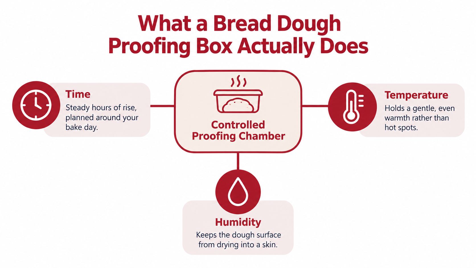 A diagram explaining that a bread dough proofing box controls time, temperature, and humidity for baking.