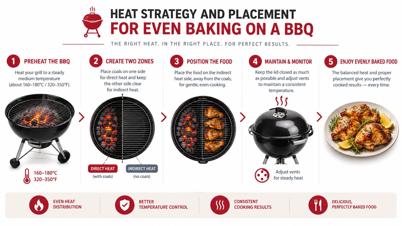 An infographic illustrating five steps for setting up a BBQ grill to achieve even baking and cooking.