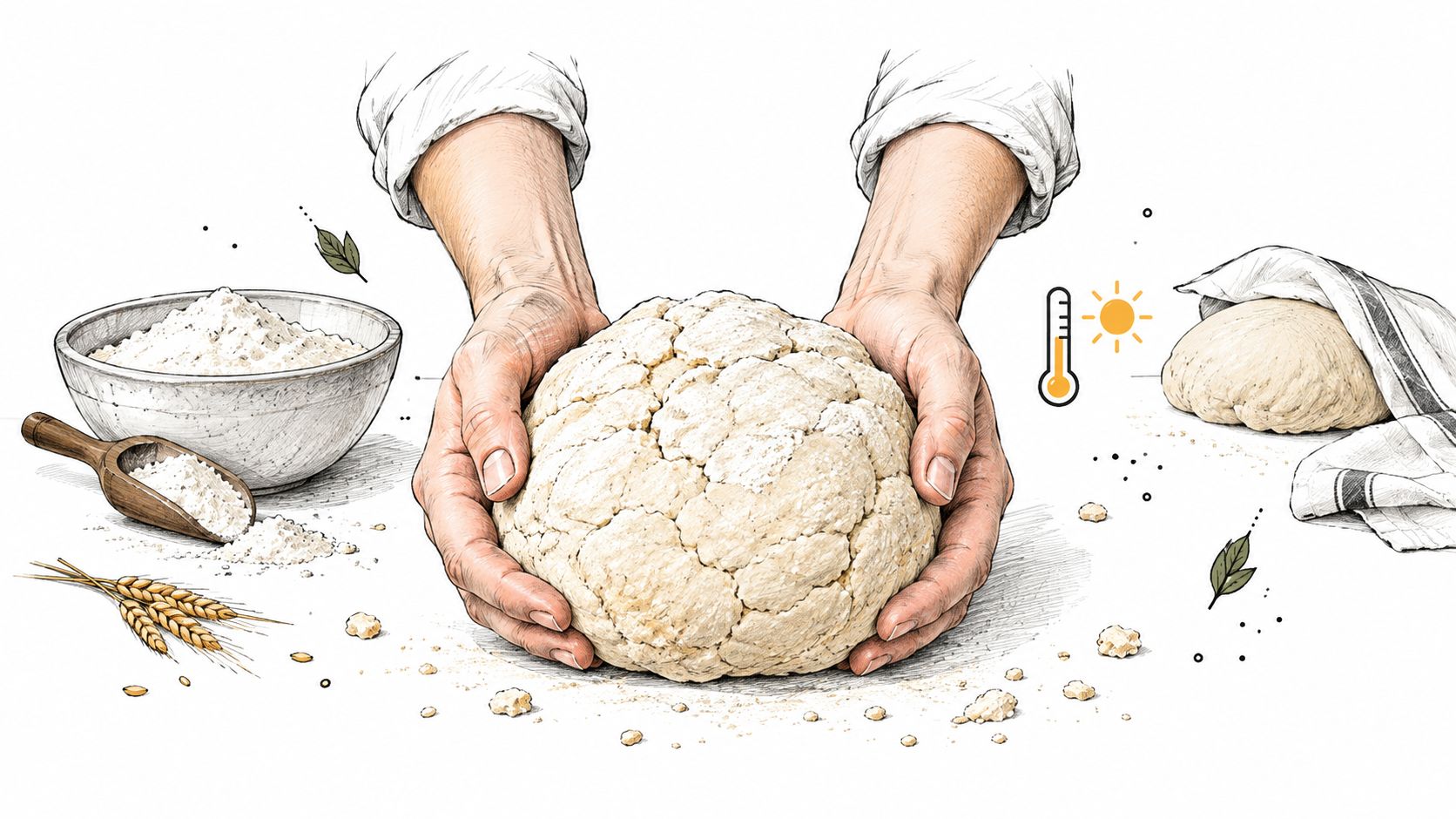 A pair of hands gently cupping a fresh, round ball of raw bread dough on a white table.