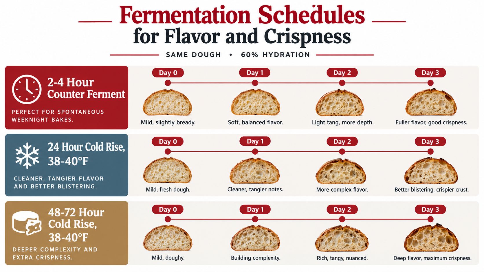 A comparison chart showing how different fermentation schedules affect the flavor and texture of pizza dough.