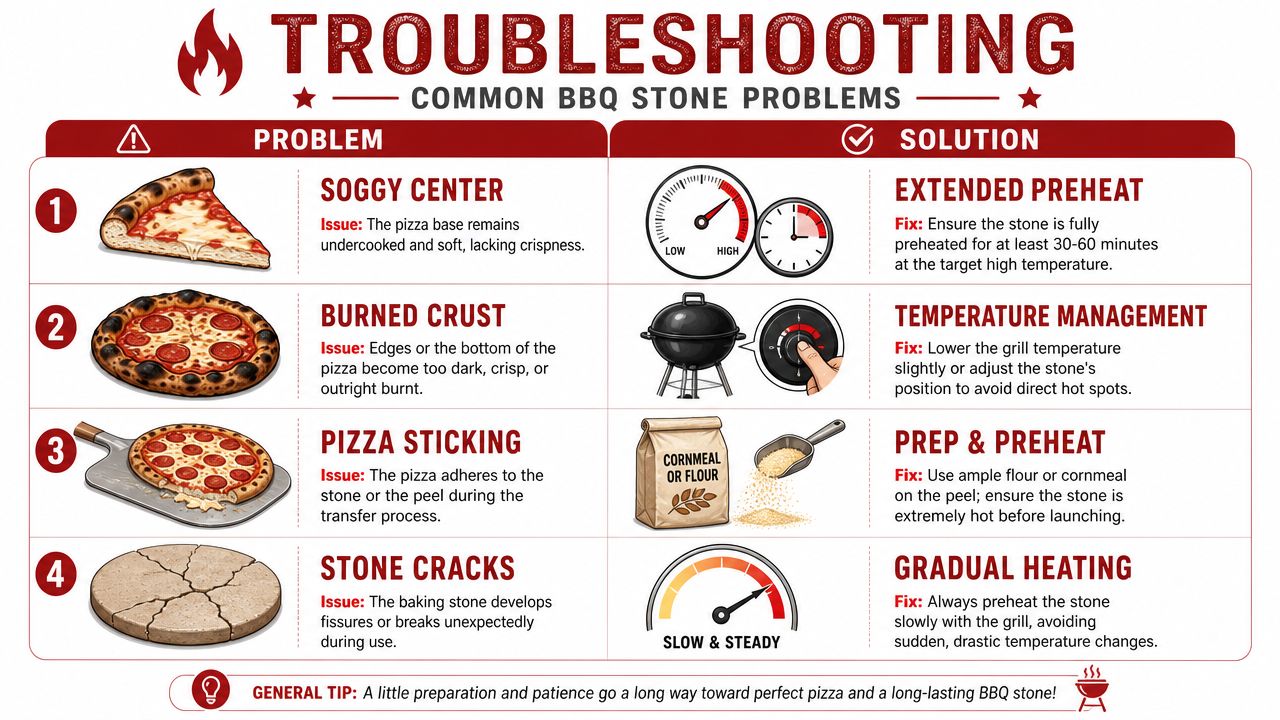 An infographic titled Troubleshooting Common BBQ Stone Problems showing four common issues and solutions for pizza baking.