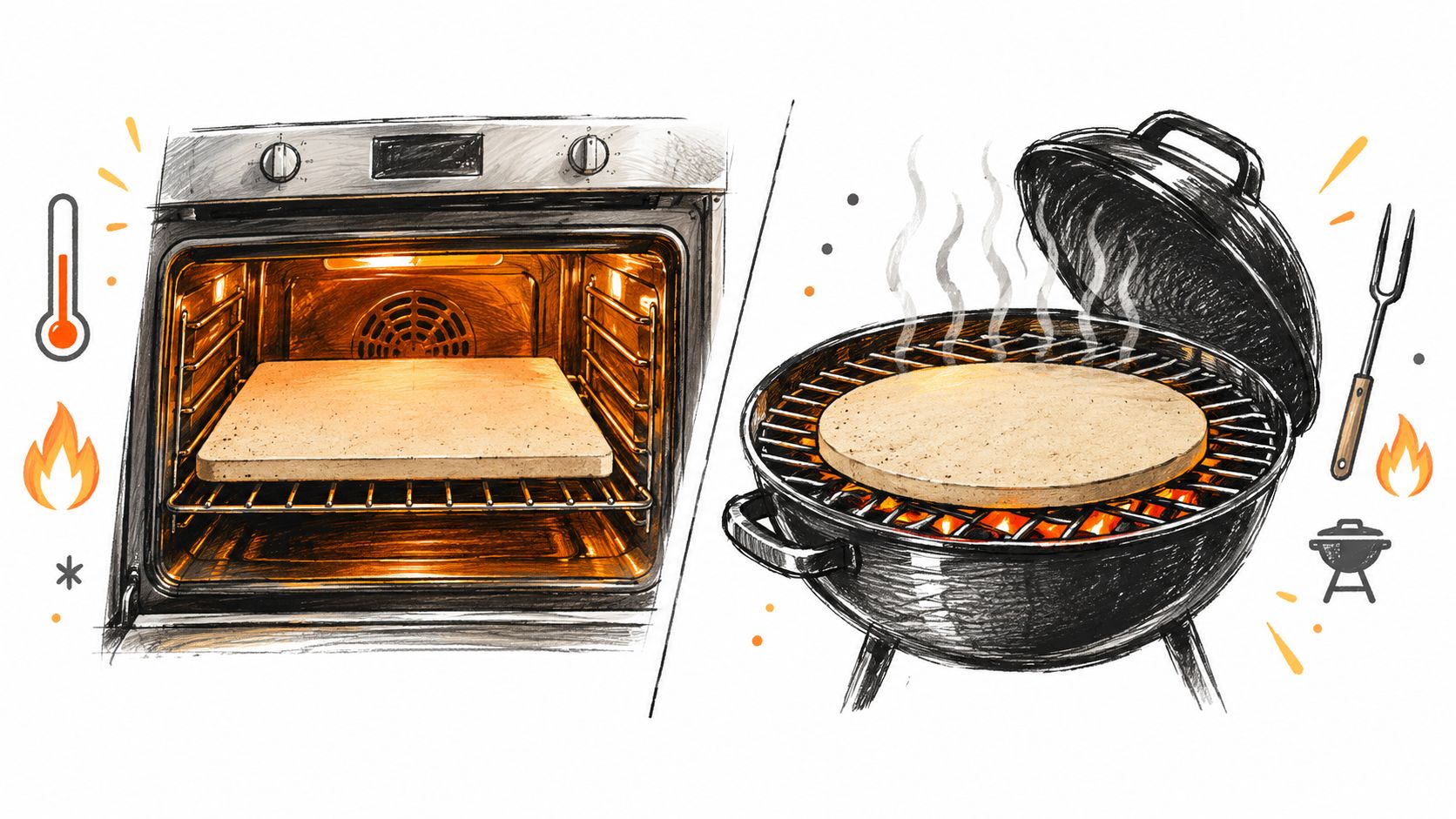 An illustration showing a baking stone inside a home oven and on a charcoal barbecue grill