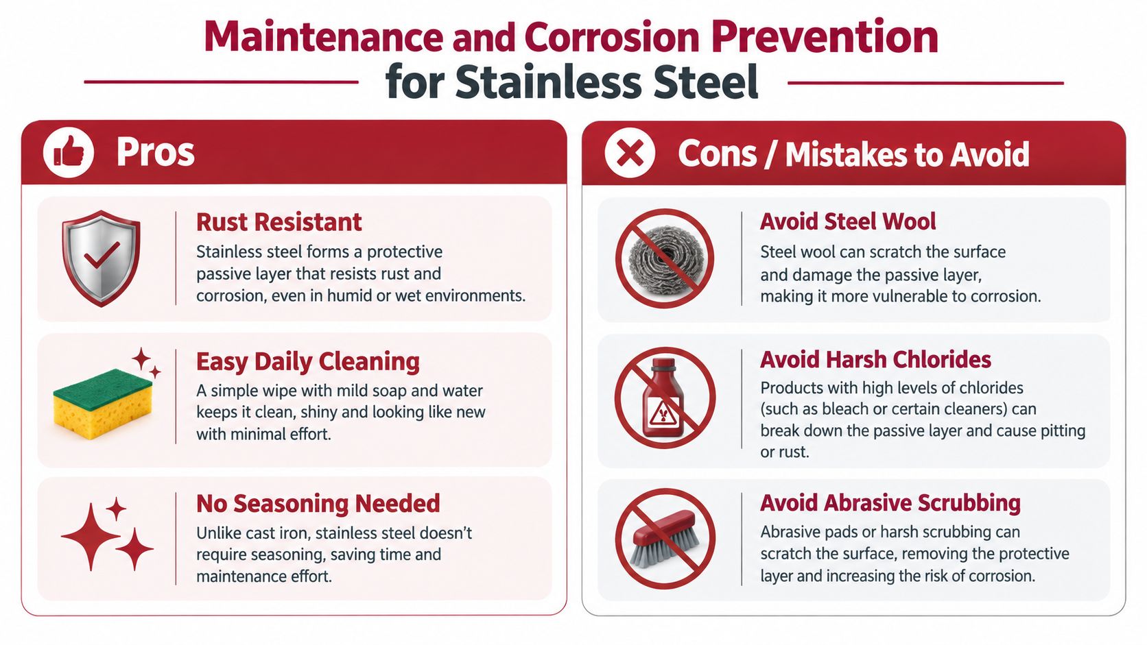 An infographic showing pros and maintenance tips for stainless steel and common mistakes to avoid.
