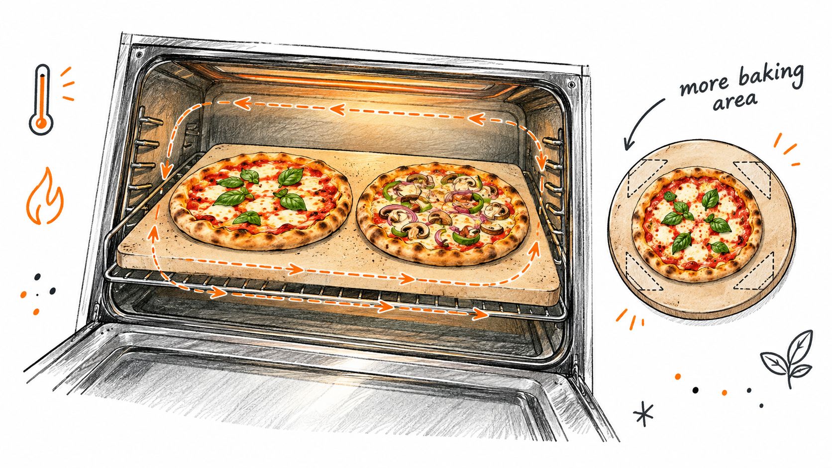 A rectangular cordierite pizza stone inside an oven baking two pizzas alongside a round pizza stone illustration.