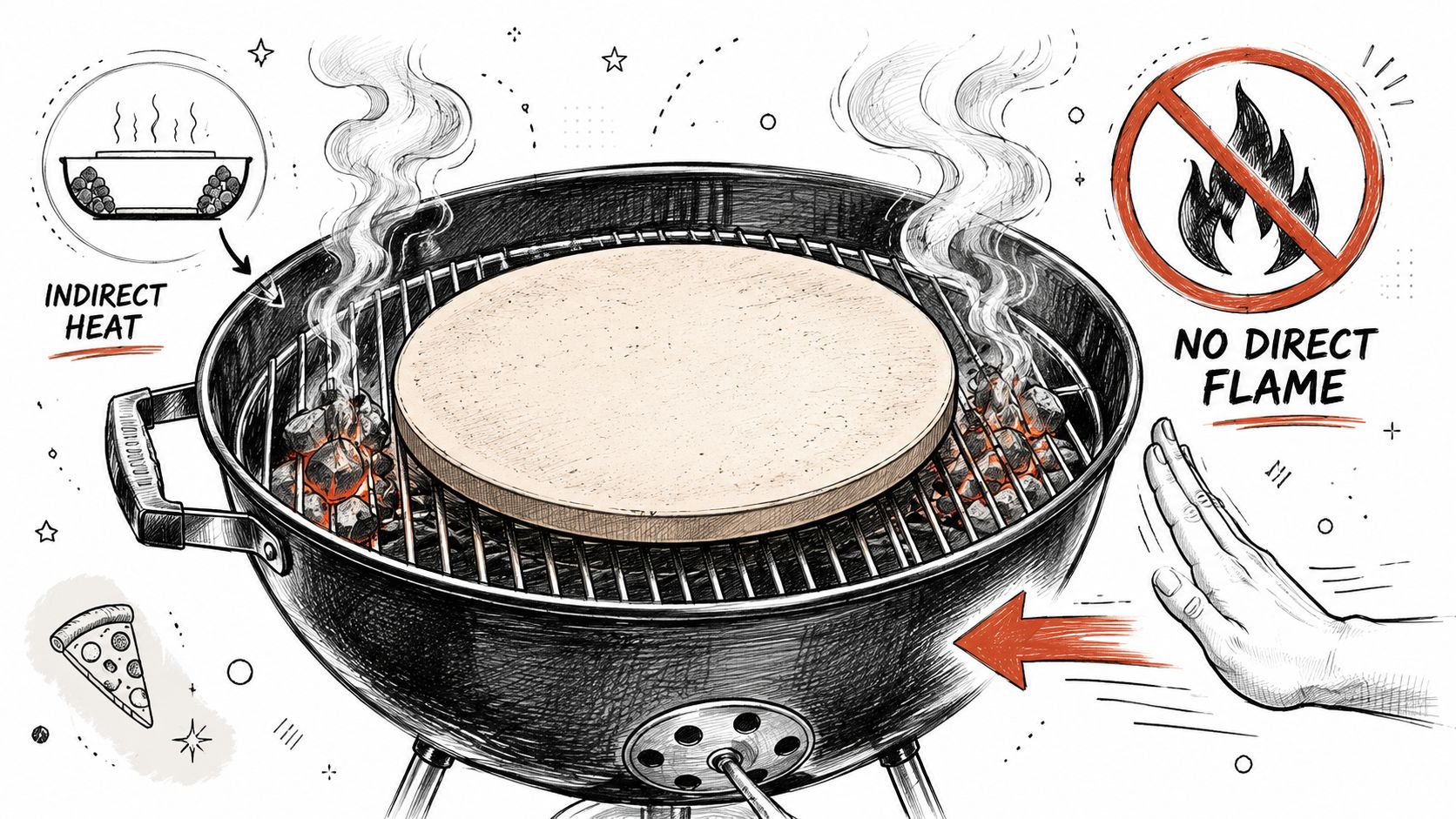 A diagram illustrating how to use a pizza stone on a charcoal grill using indirect heat cooking.