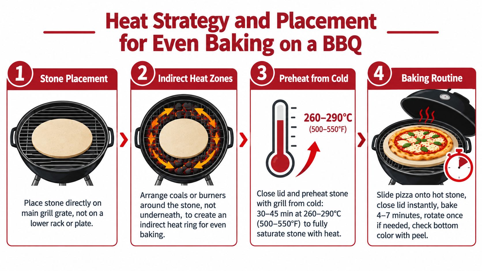 A four-step infographic showing how to use a pizza stone for even baking on a BBQ grill.