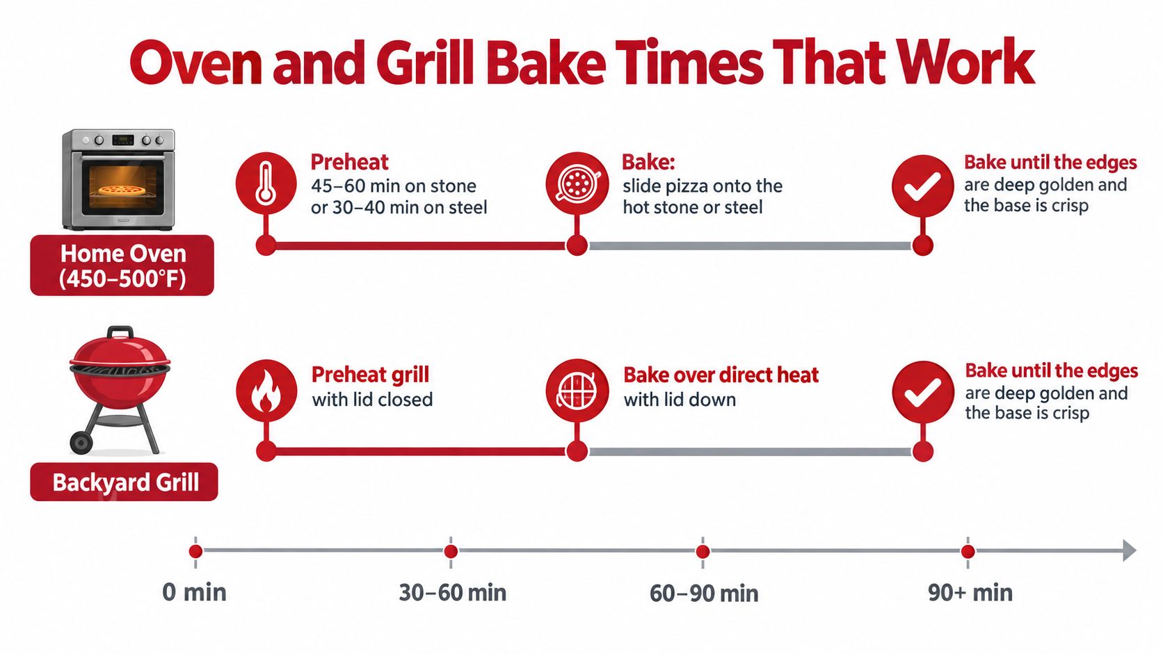 A visual guide illustrating pizza baking instructions for a home oven versus a backyard charcoal grill.
