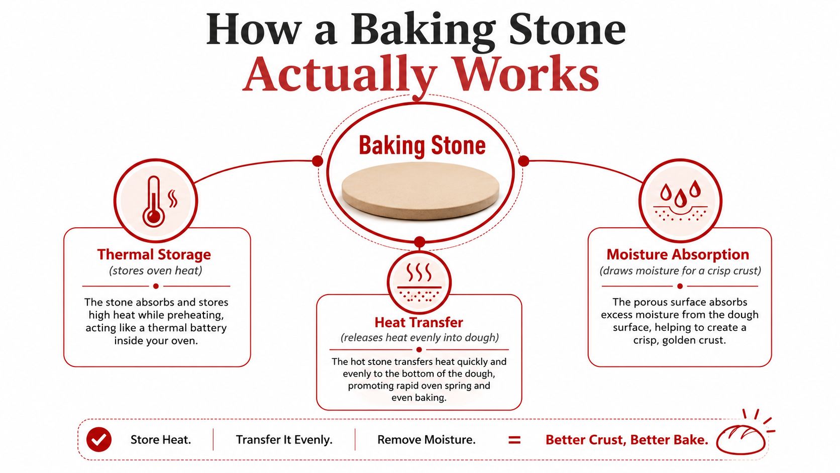 A diagram explaining how a baking stone works through thermal storage, even heat transfer, and moisture absorption.