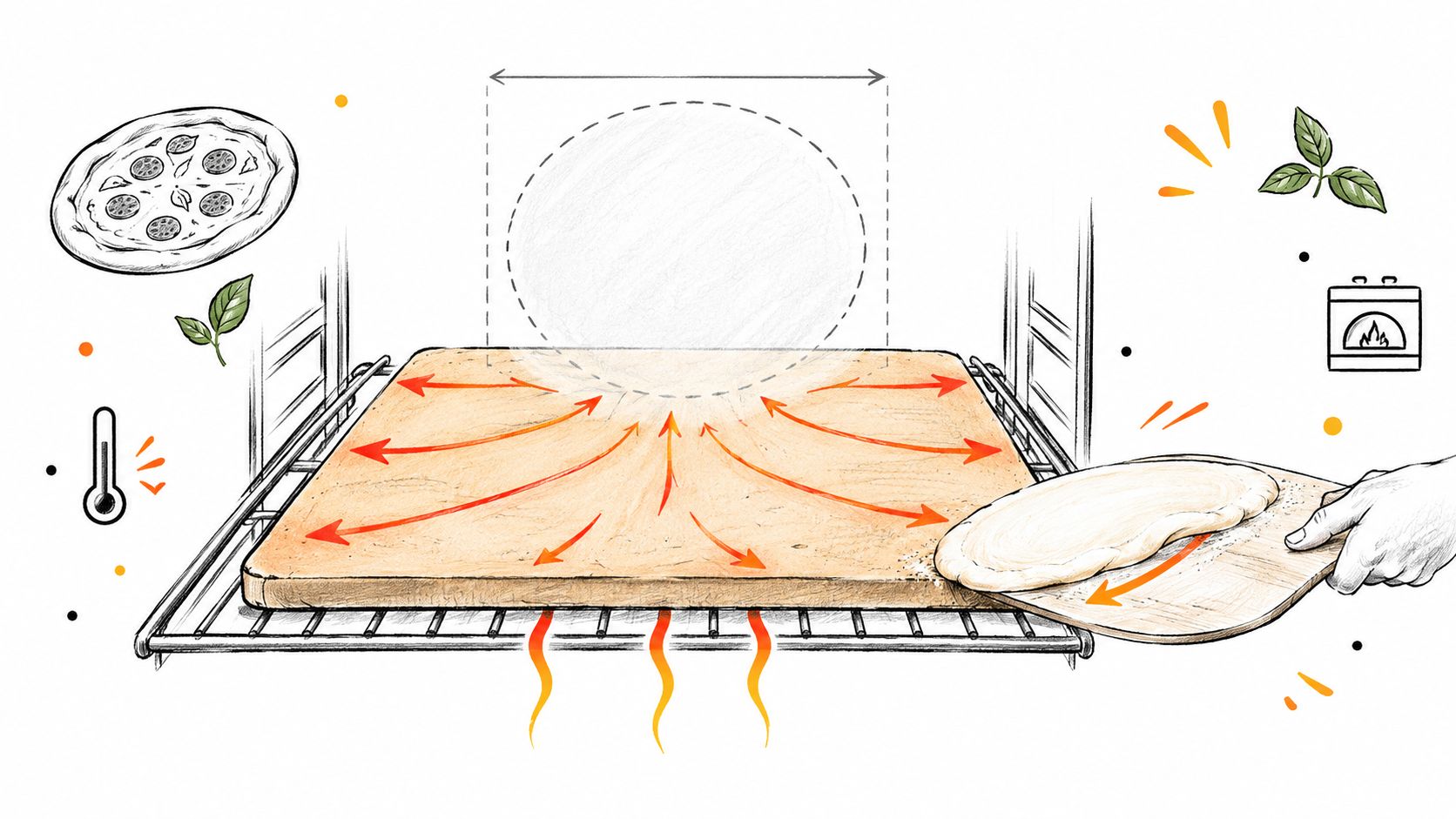 A hand using a wooden peel to place pizza dough onto a hot rectangular baking stone.