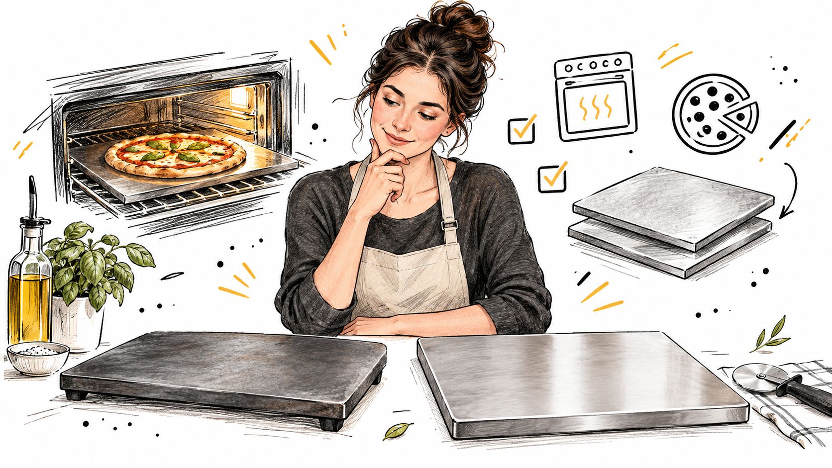 A woman contemplating pizza making with pizza steels, an oven, and ingredients in an illustrated kitchen scene.