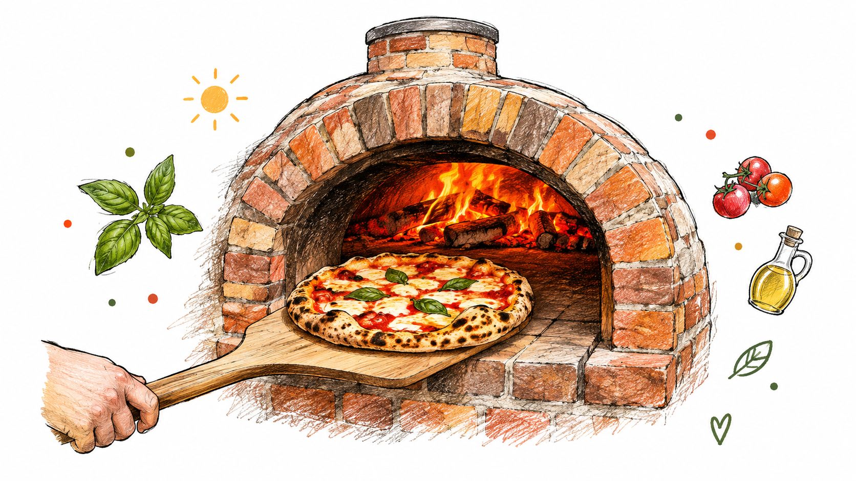 A hand sliding a fresh Margherita pizza into a traditional brick wood-fired oven with ingredients around.