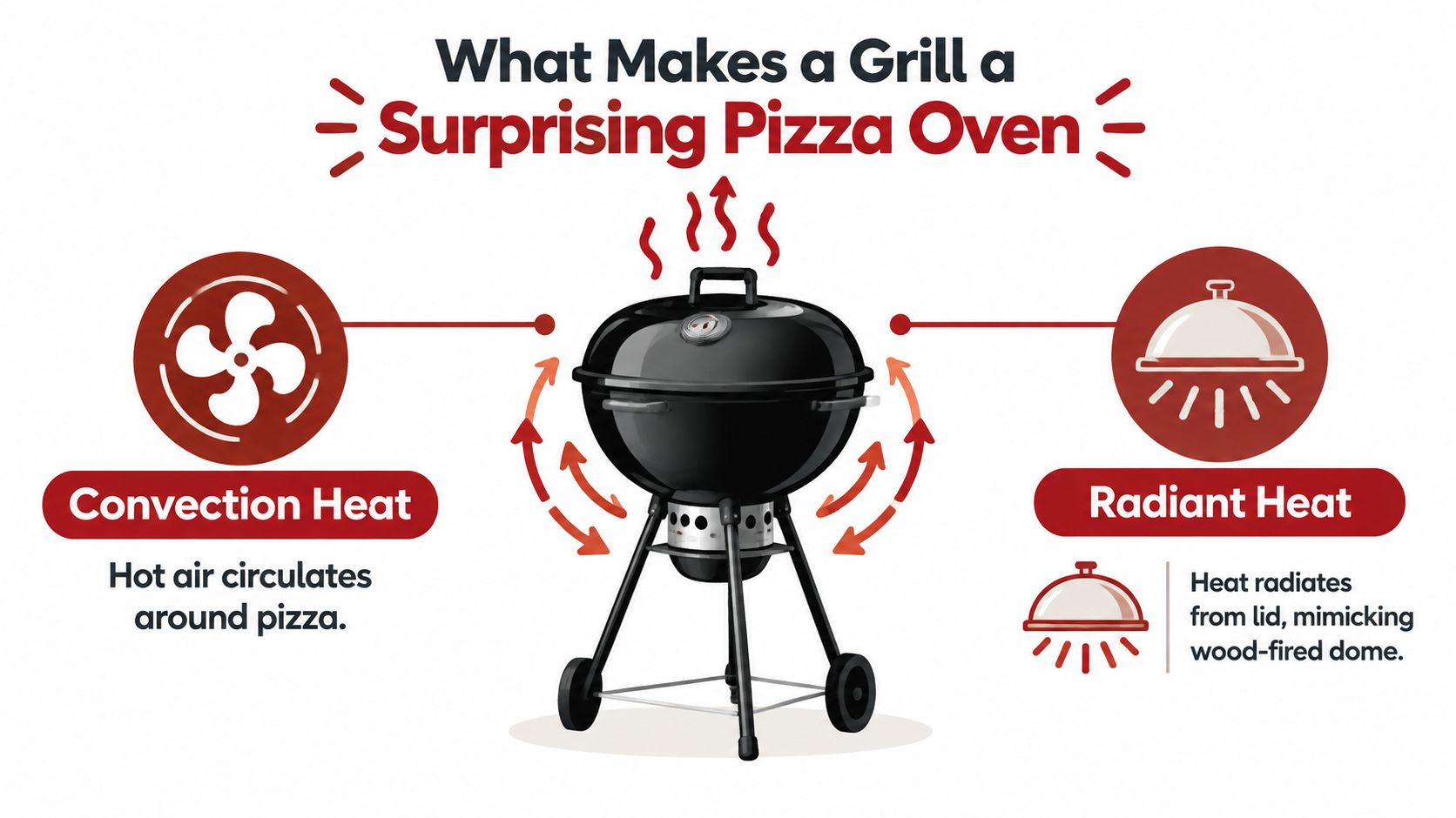 A diagram illustrating how a charcoal grill uses convection and radiant heat to cook pizza like an oven.