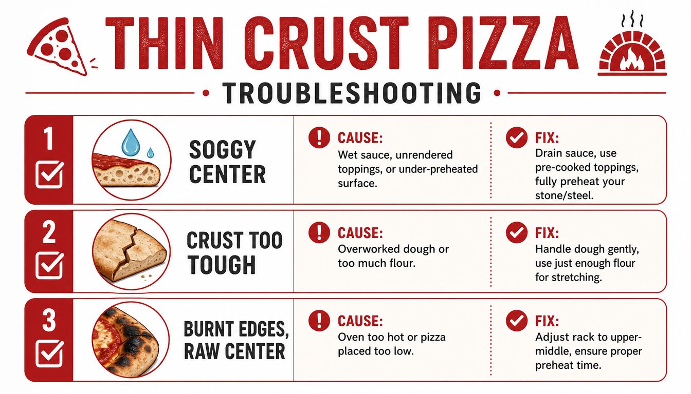 An infographic titled Thin Crust Pizza Troubleshooting featuring three common pizza problems, their causes, and solutions.