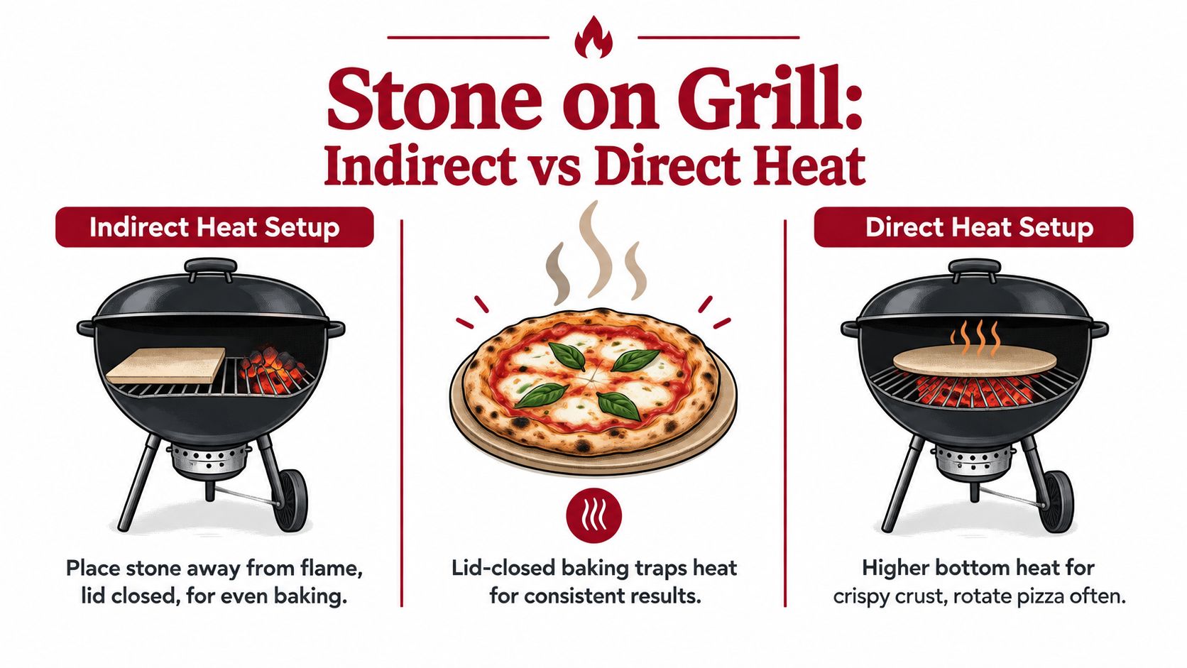 An infographic showing how to use a pizza baking stone on a grill using indirect or direct heat.