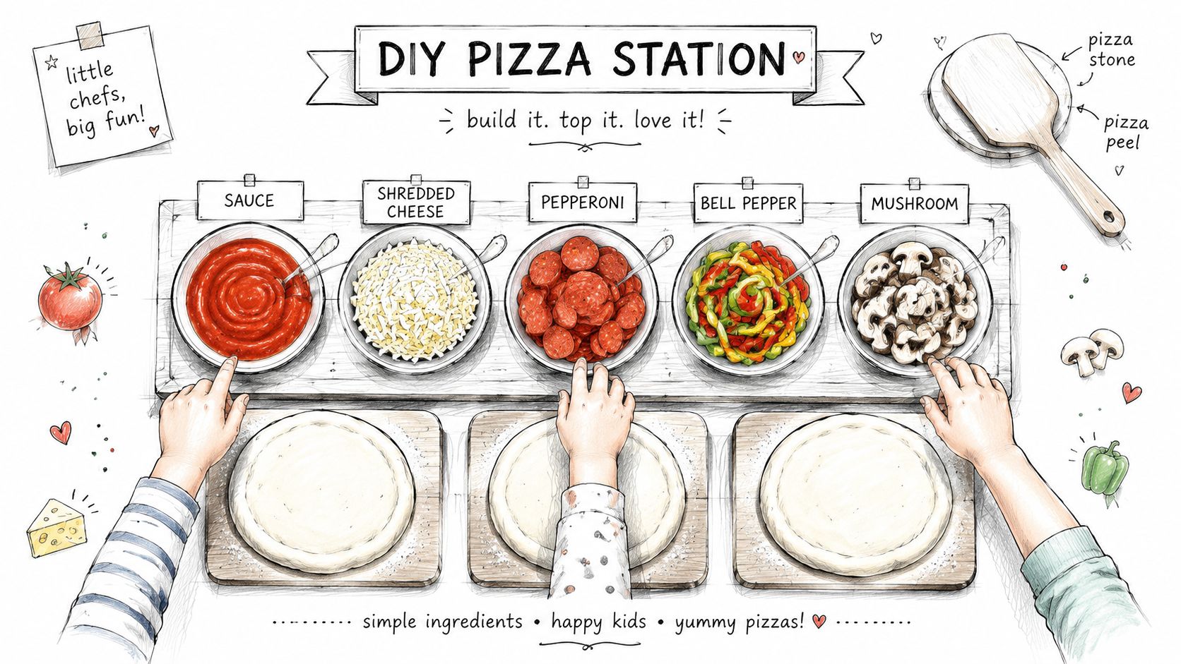 Children creating their own pizzas at a DIY station with bowls of sauce, cheese, and fresh toppings.