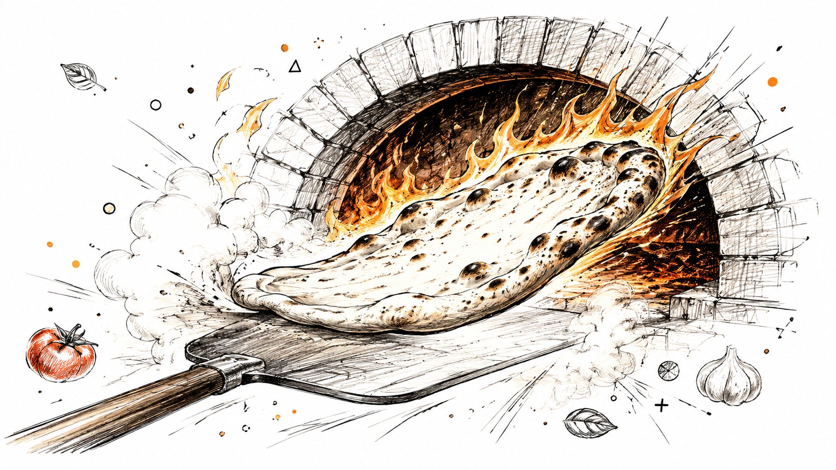 A rustic artistic sketch of a pizza being lifted out of a blazing hot stone oven.