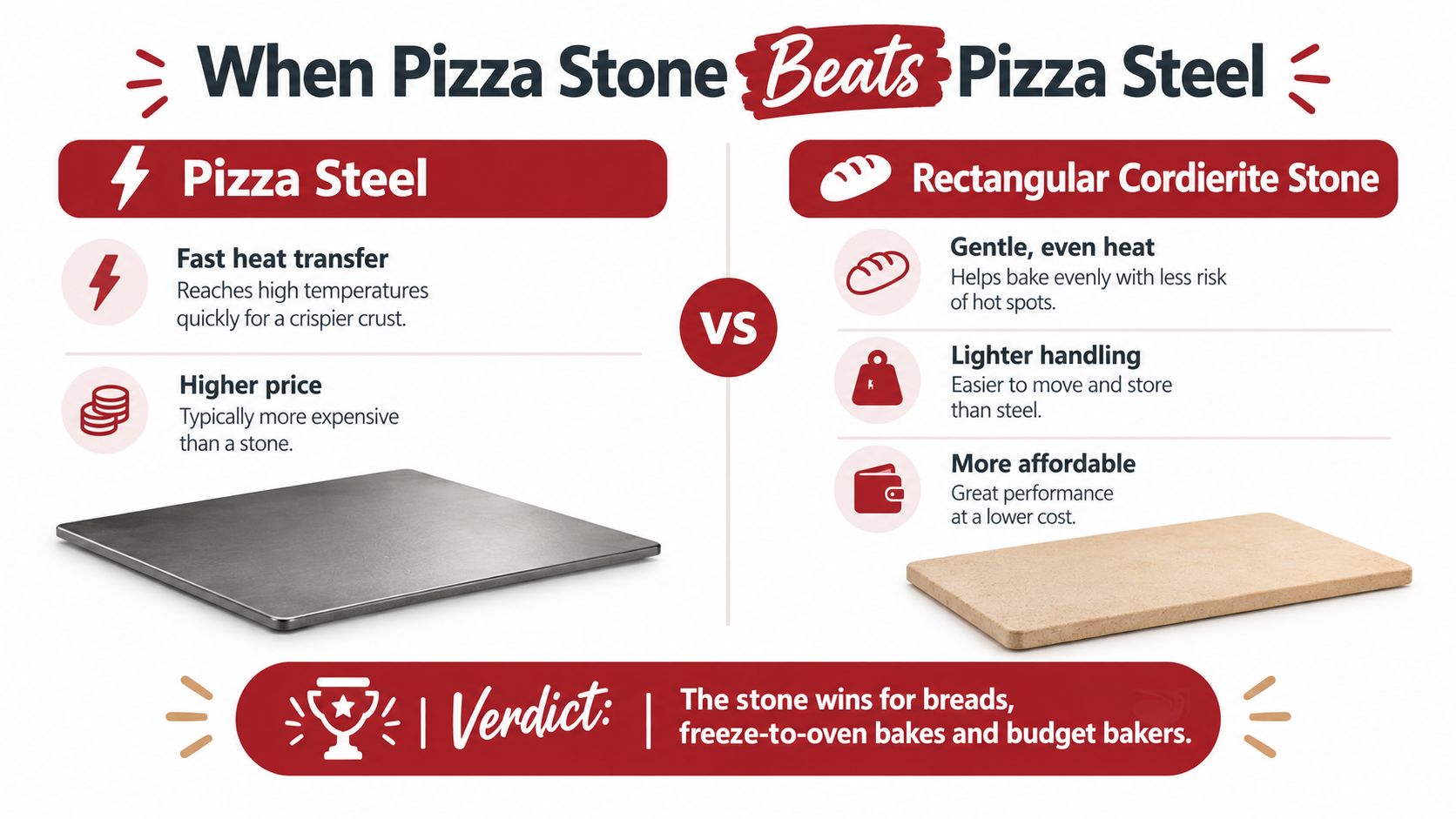 A comparison infographic showing the pros and cons of using a pizza steel versus a rectangular cordierite stone.
