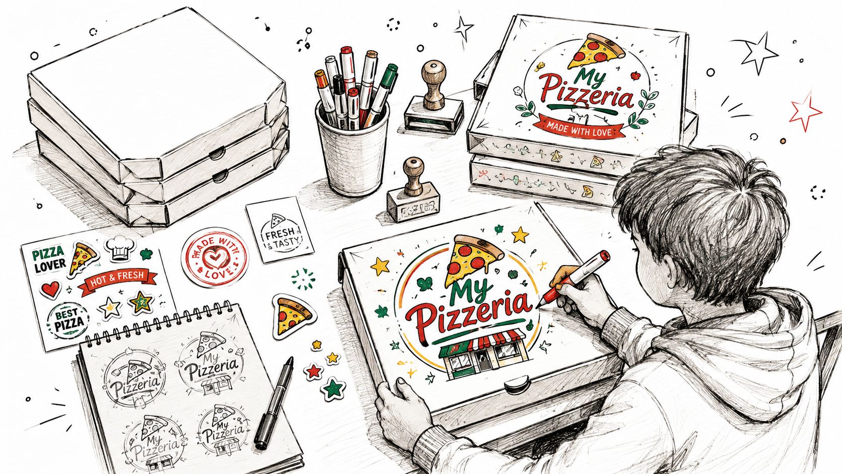 A young artist carefully drawing a logo on a cardboard pizza box, surrounded by branding stickers and supplies.