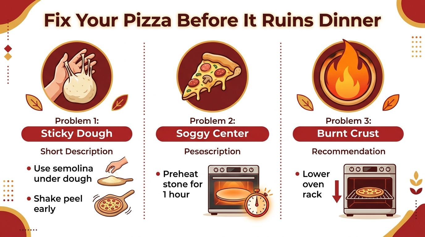 An infographic showing tips to fix pizza problems like sticky dough, soggy center, and burnt crust.