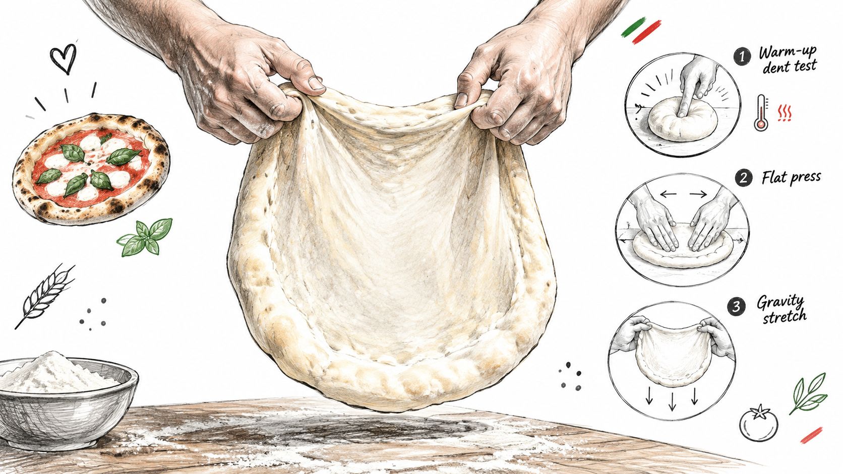 A detailed illustration showing professional hands stretching fresh Neapolitan pizza dough with three instructional steps provided.