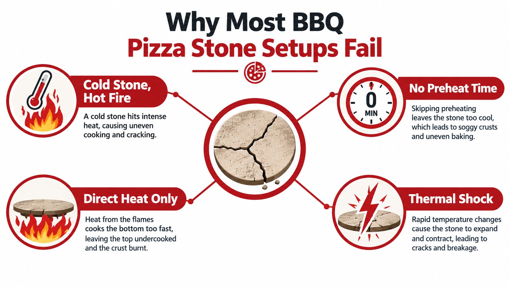 An infographic illustrating four common mistakes that cause BBQ pizza stones to crack or fail during cooking.