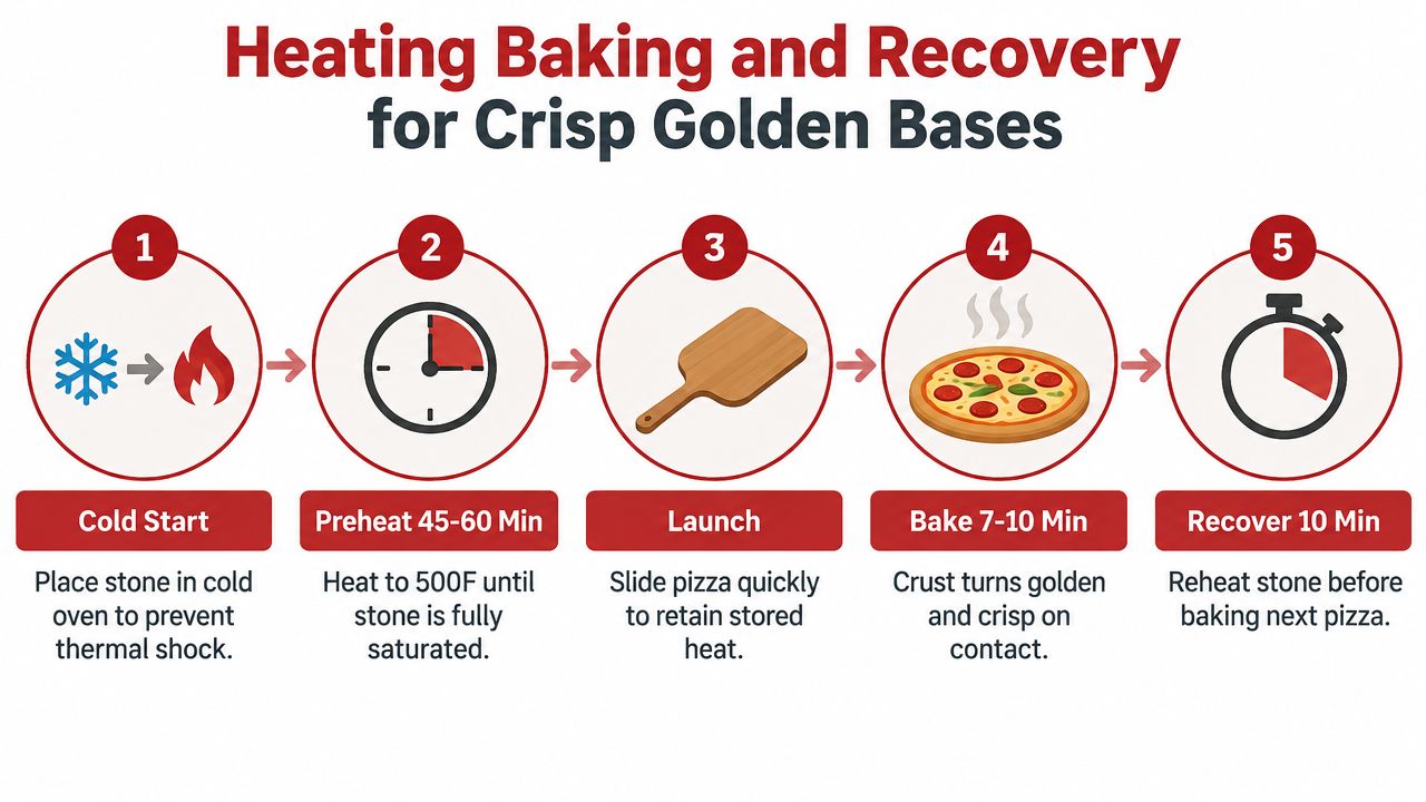 An infographic showing a five-step process for heating, baking, and recovering a pizza stone in an oven.
