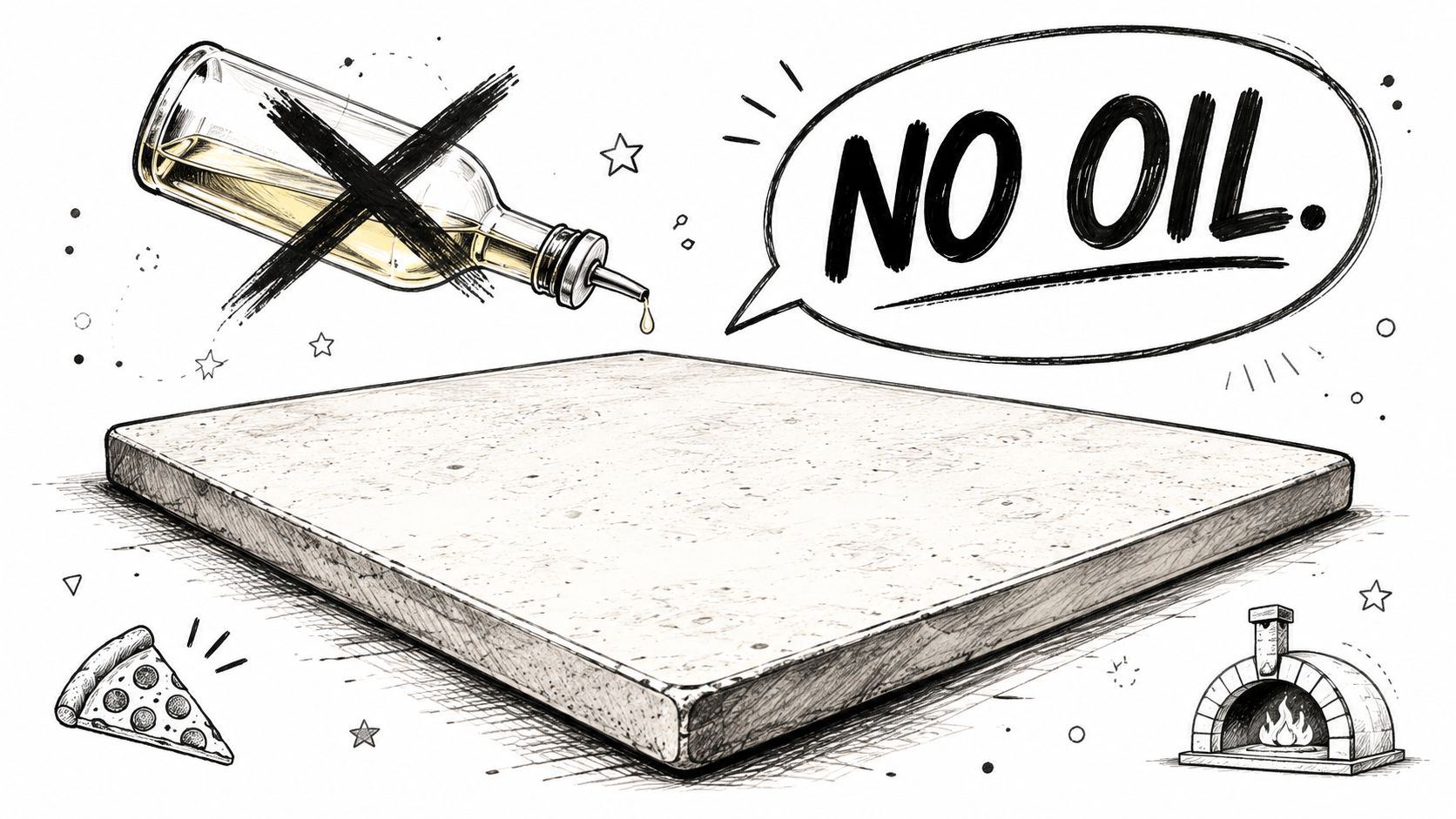 A hand-drawn illustration showing a pizza stone with an oil bottle crossed out and the words NO OIL.