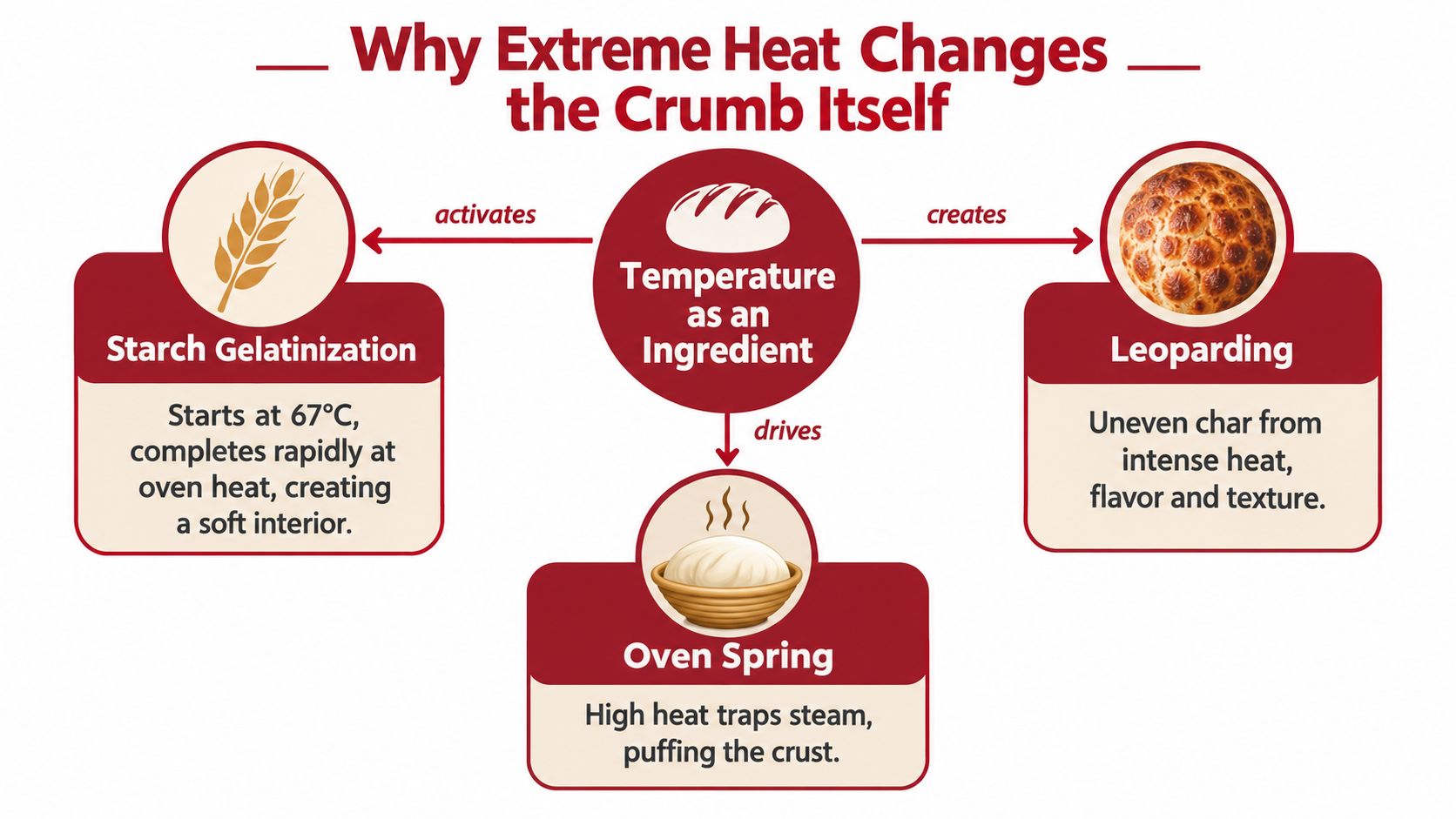 A diagram illustrating how extreme heat affects dough, showing starch gelatinization, oven spring, and leopard spotting.