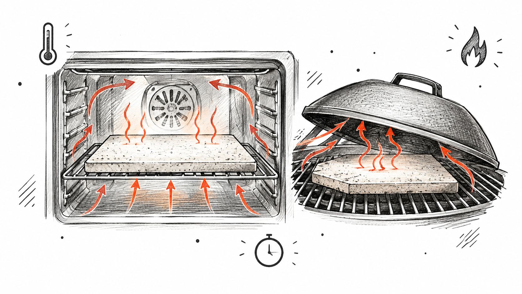 A diagram comparing the heating process of a baking stone in an oven versus a charcoal grill.