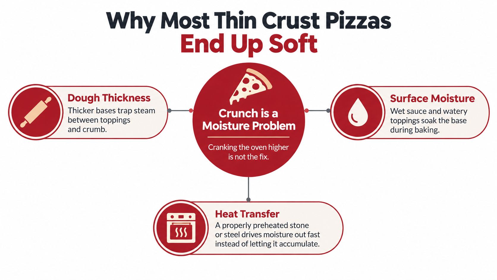 An infographic explaining why thin crust pizzas become soft due to thickness, moisture, and heat transfer issues.