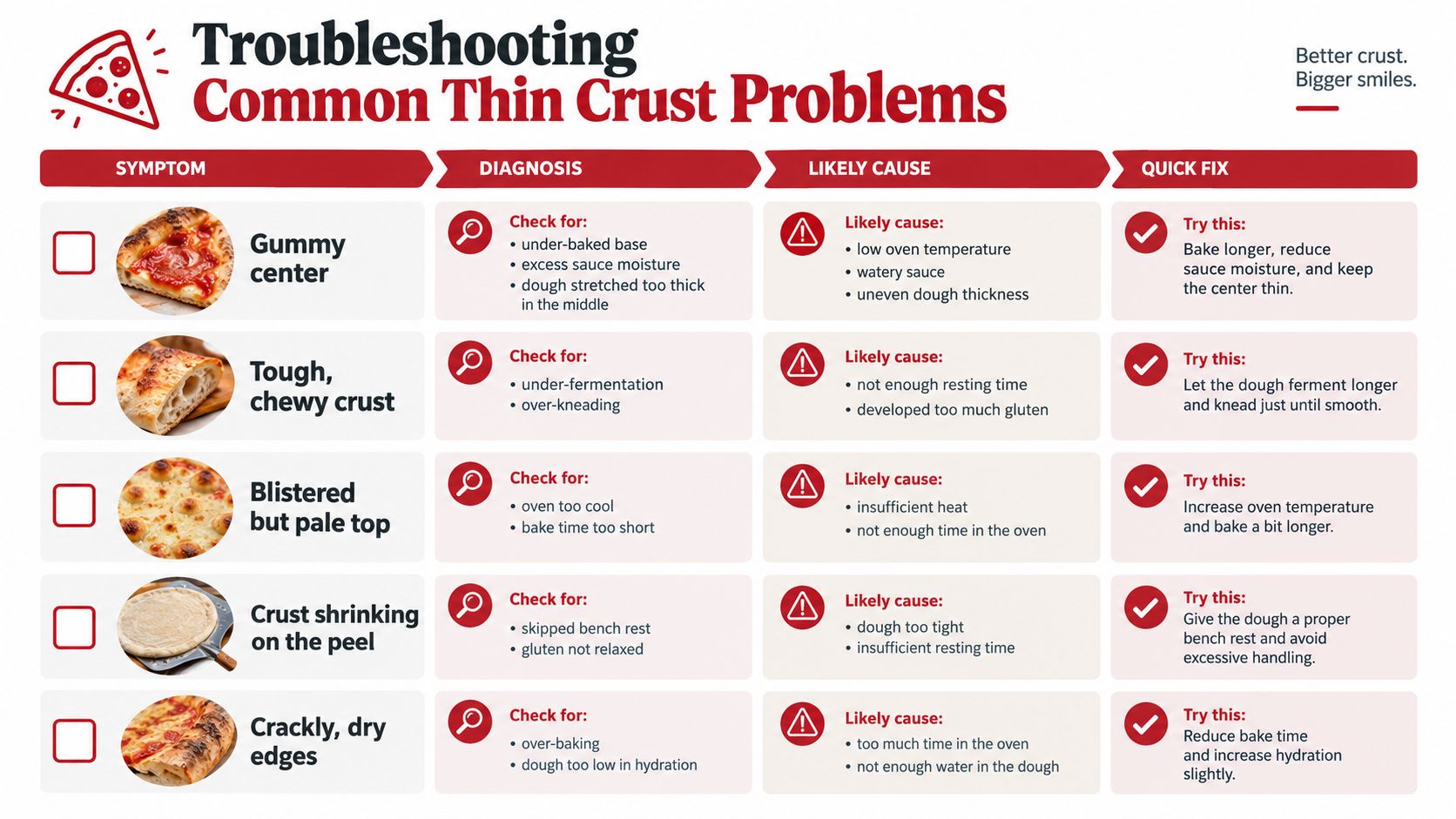 A troubleshooting chart for common thin crust pizza dough problems with causes and quick fixes.