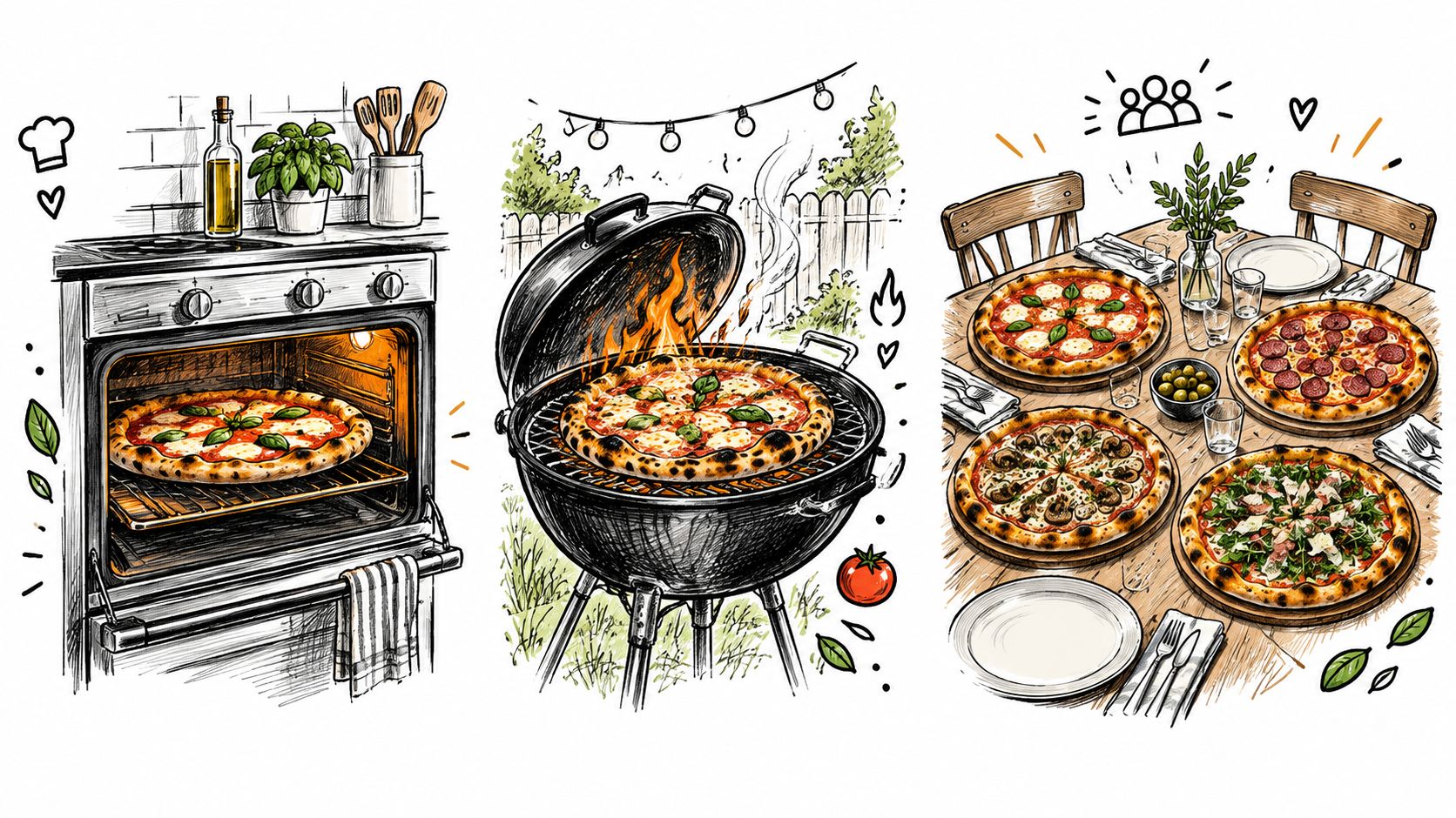 A hand-drawn illustration showing a pizza being baked in an oven, grilled outdoors, and served on a dinner table.