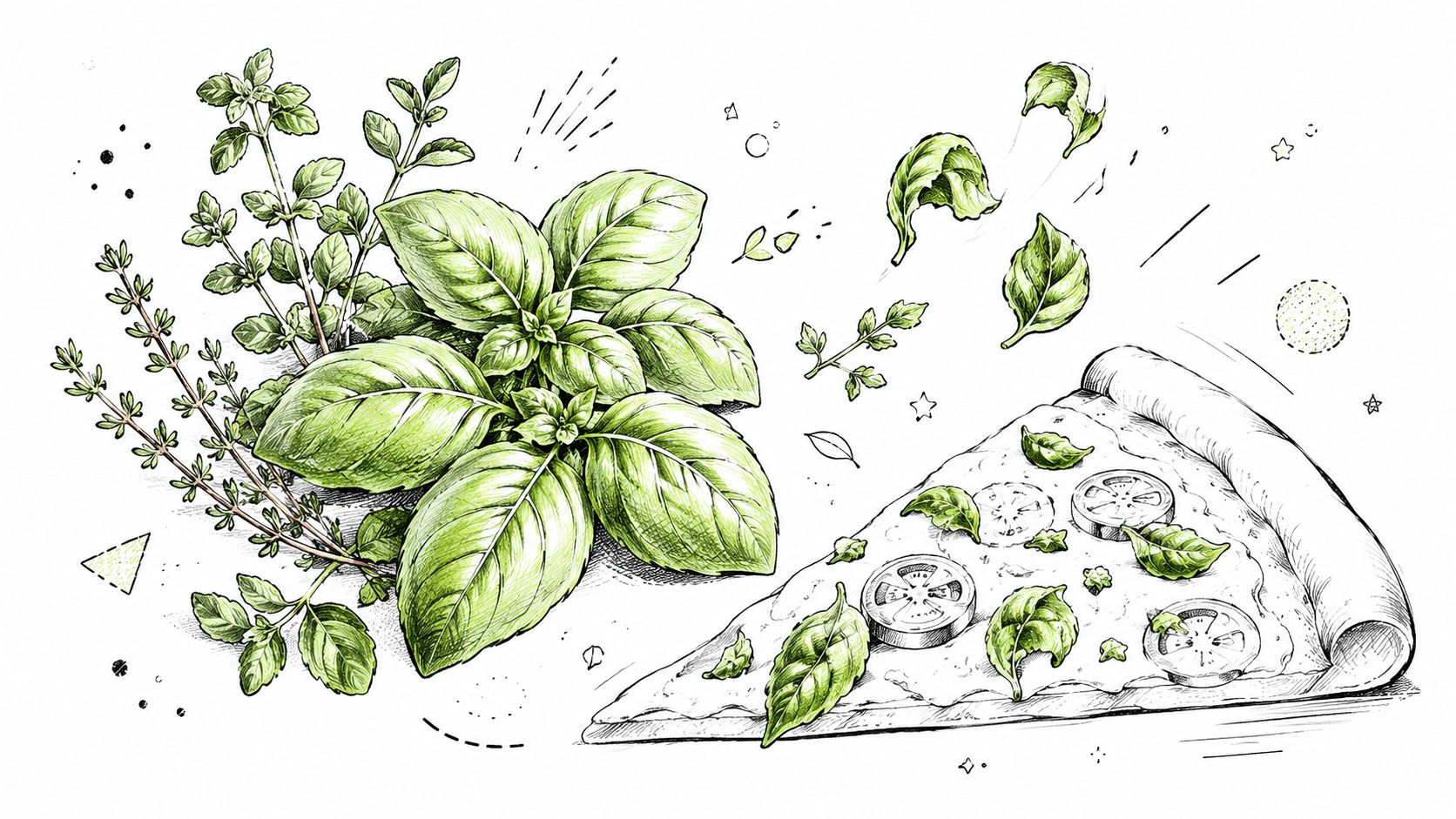 A hand-drawn illustration featuring a slice of pizza with fresh green basil leaves and herbs.