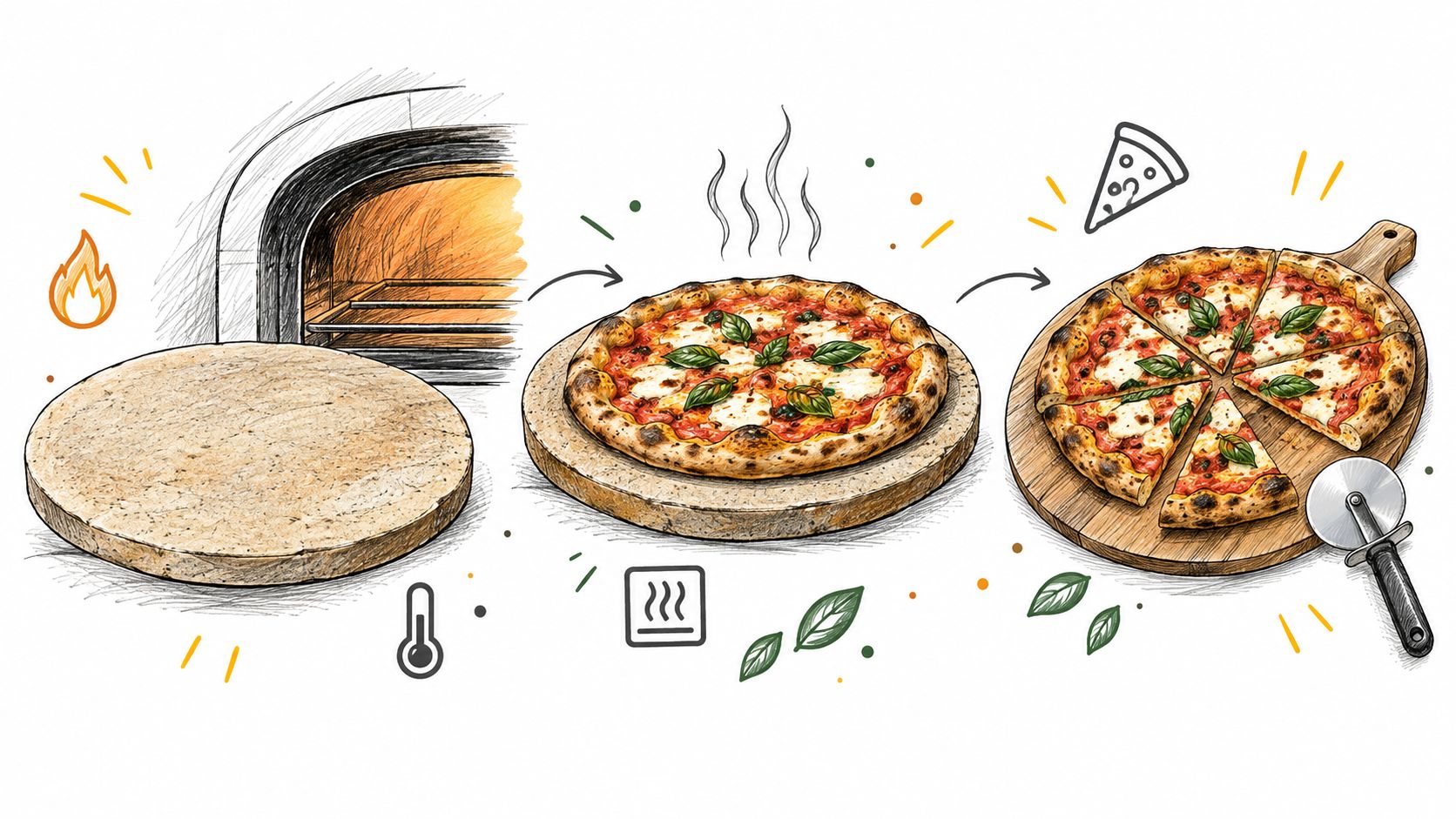 A three-step illustration showing a pizza being prepared on a stone and sliced with a cutter.