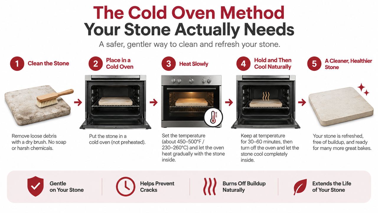 A five-step guide on how to clean and refresh a baking stone using the cold oven method.