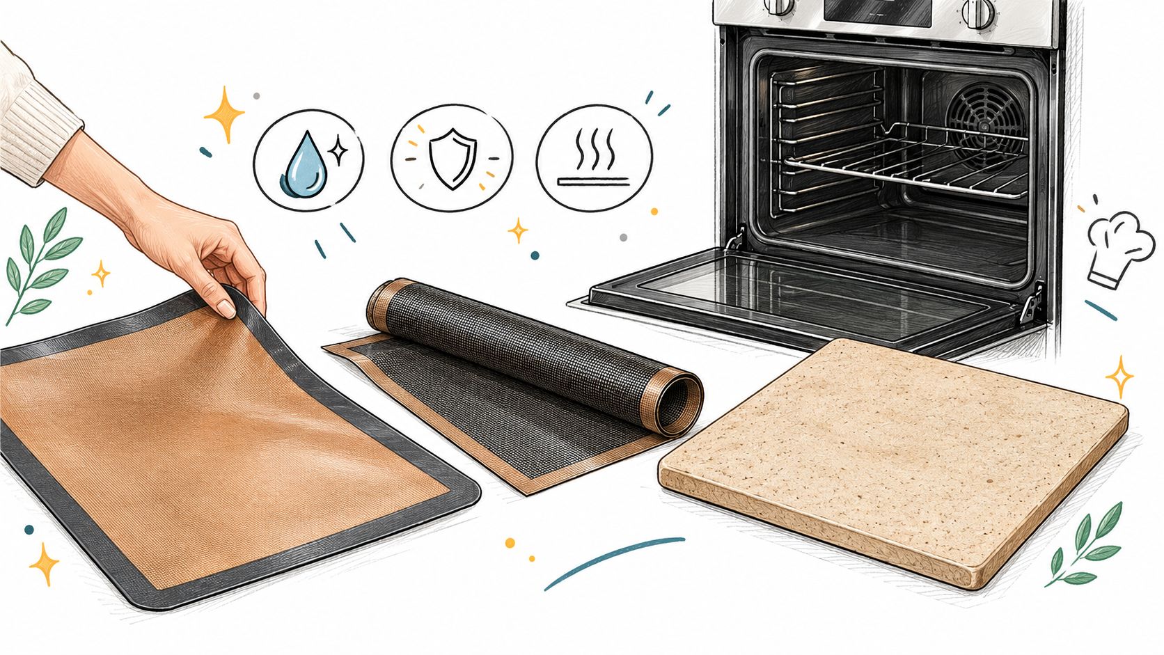 A hand holds a flexible baking mat next to a rolled mat and a stone baking board.