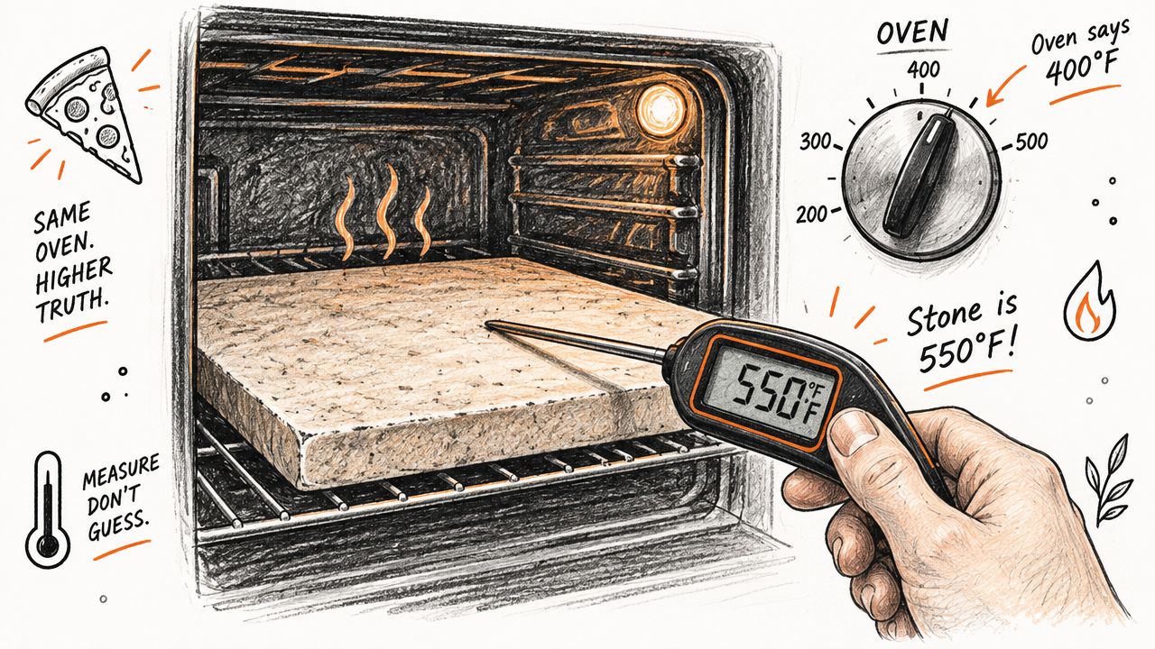 A hand using a digital thermometer to measure the temperature of a pizza stone inside an oven.
