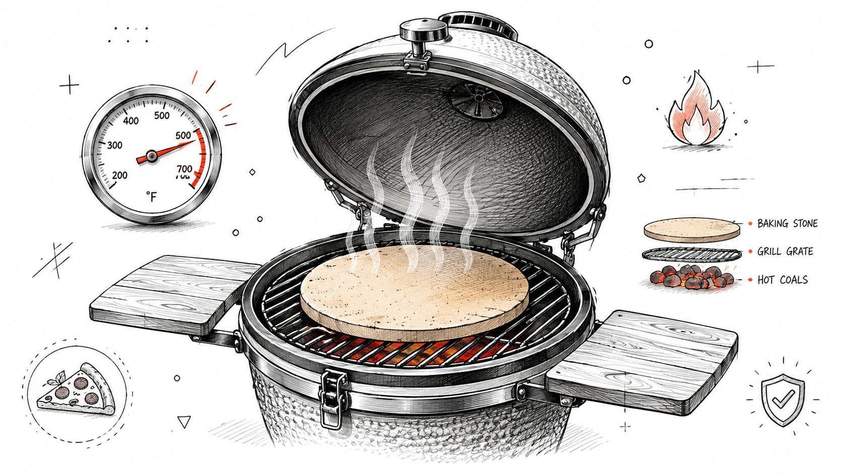A diagram of a ceramic grill with a baking stone for cooking pizza at high temperatures.