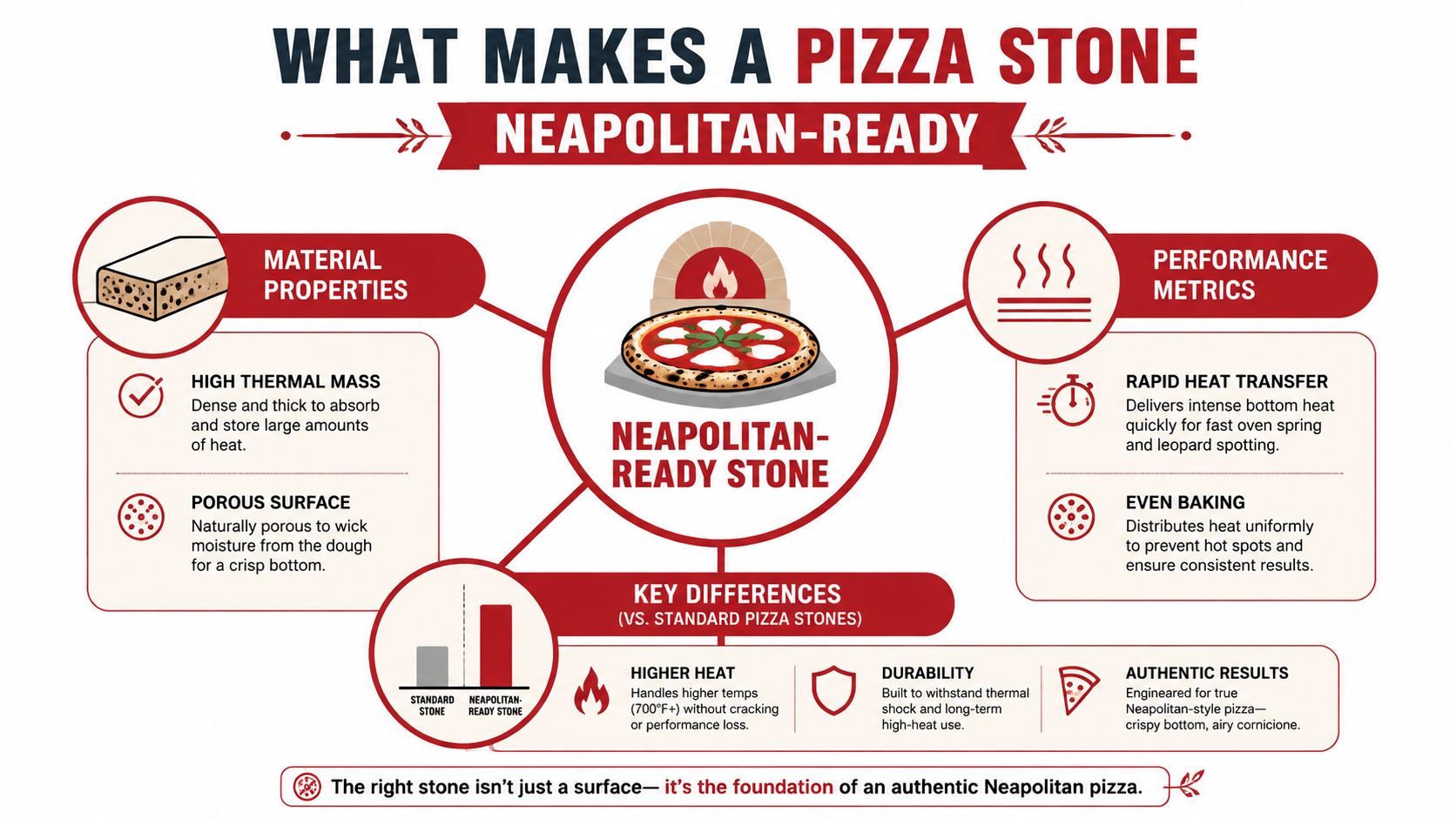An infographic detailing the properties, performance, and key advantages of Neapolitan-ready pizza stones for baking authentic pizza.