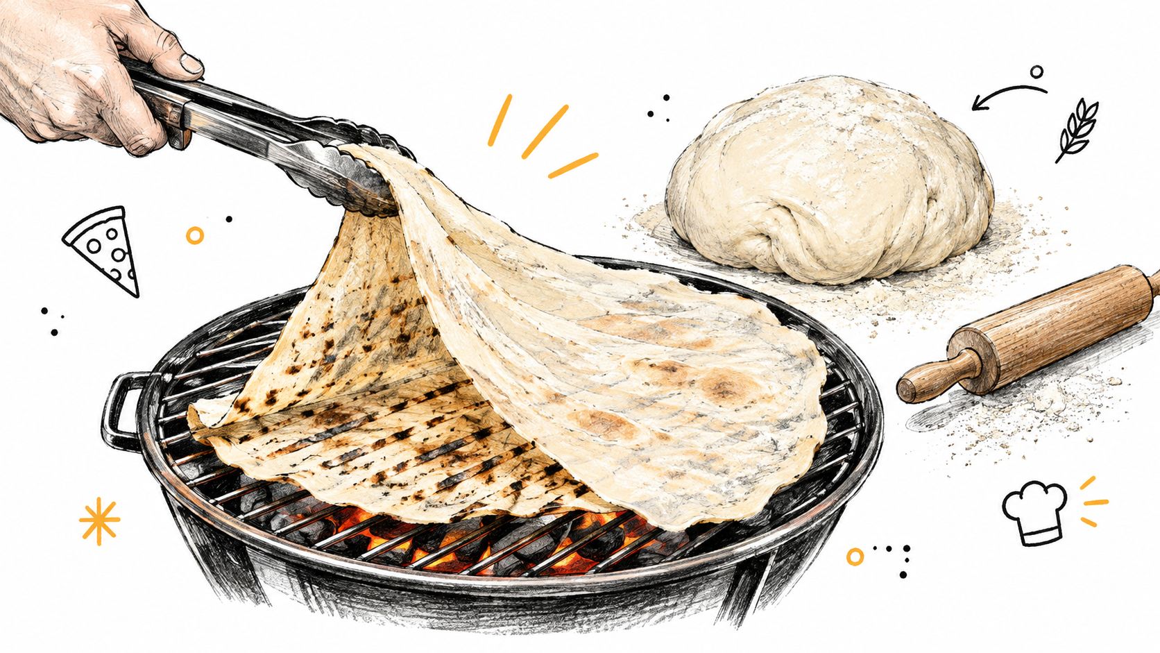 A hand using metal tongs to flip a thin crust pizza dough on a charcoal grill