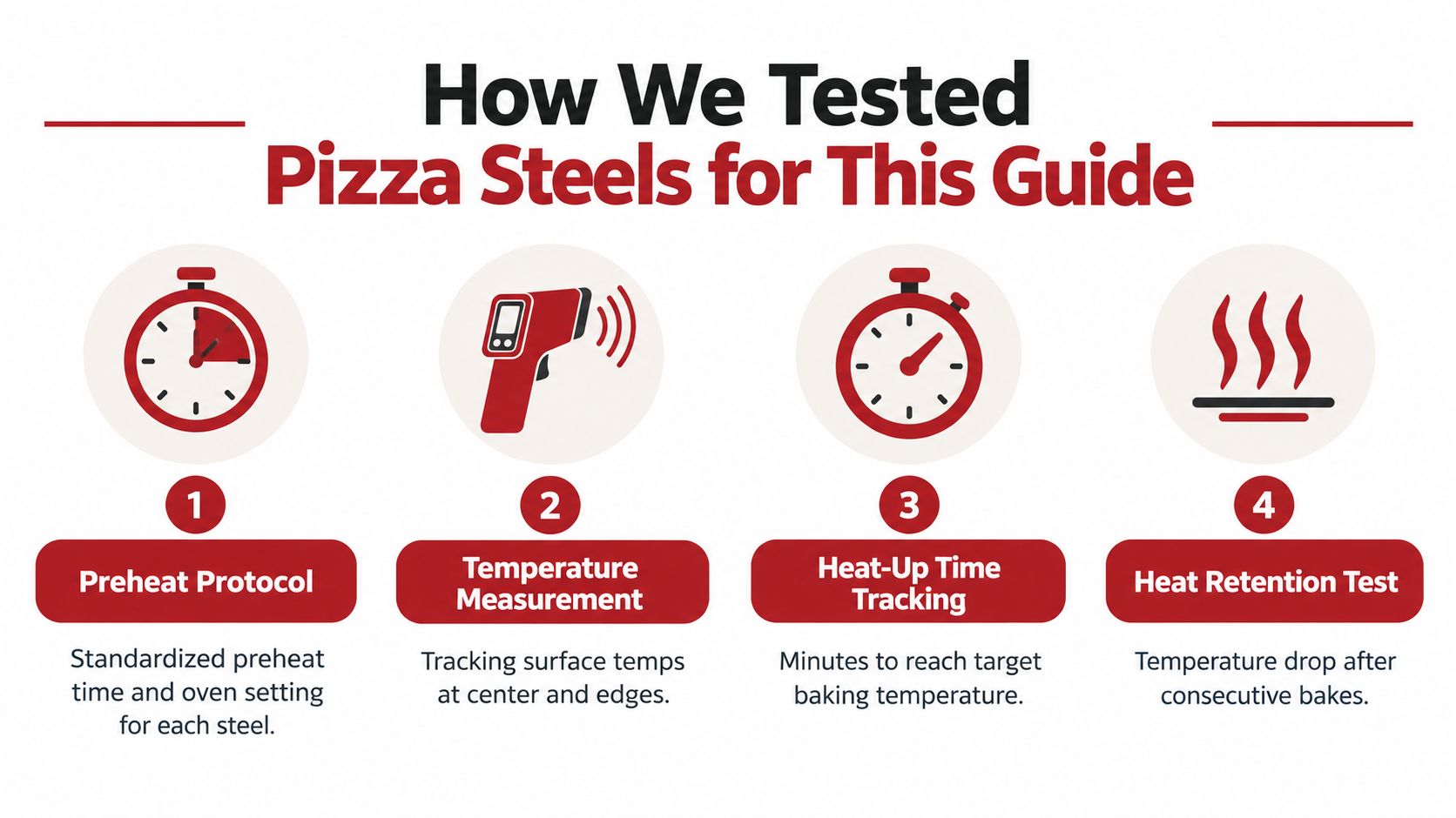 An infographic detailing the four-step testing methodology used for evaluating different types of pizza steels.