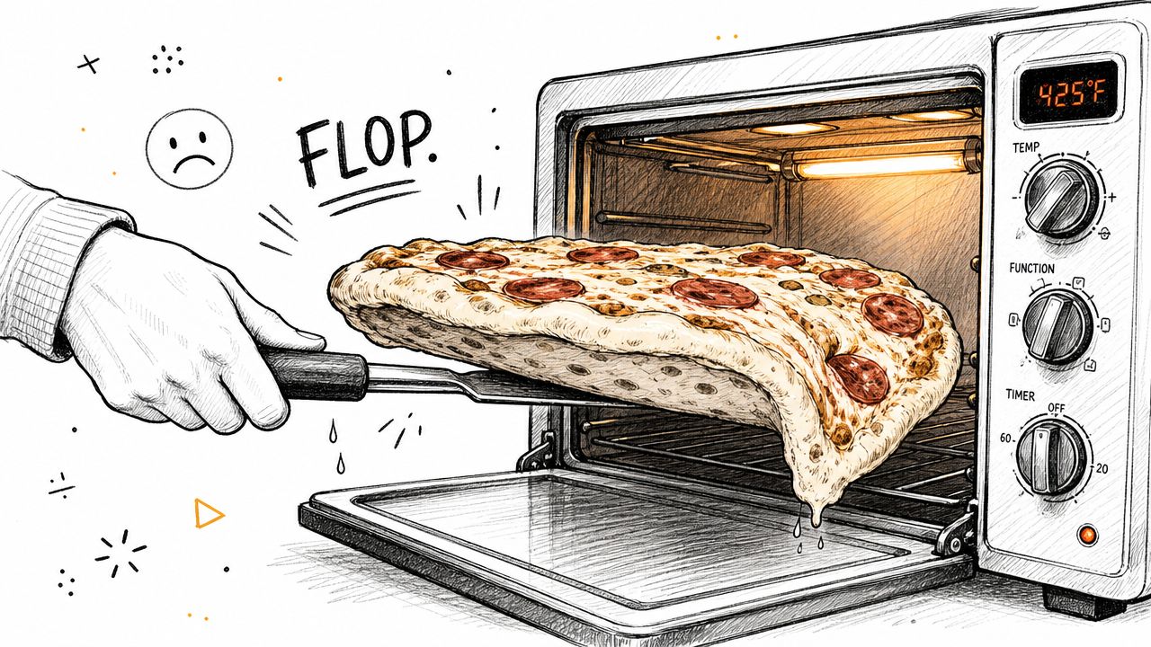 A hand holding a spatula with a drooping pepperoni pizza falling out of an electric toaster oven.