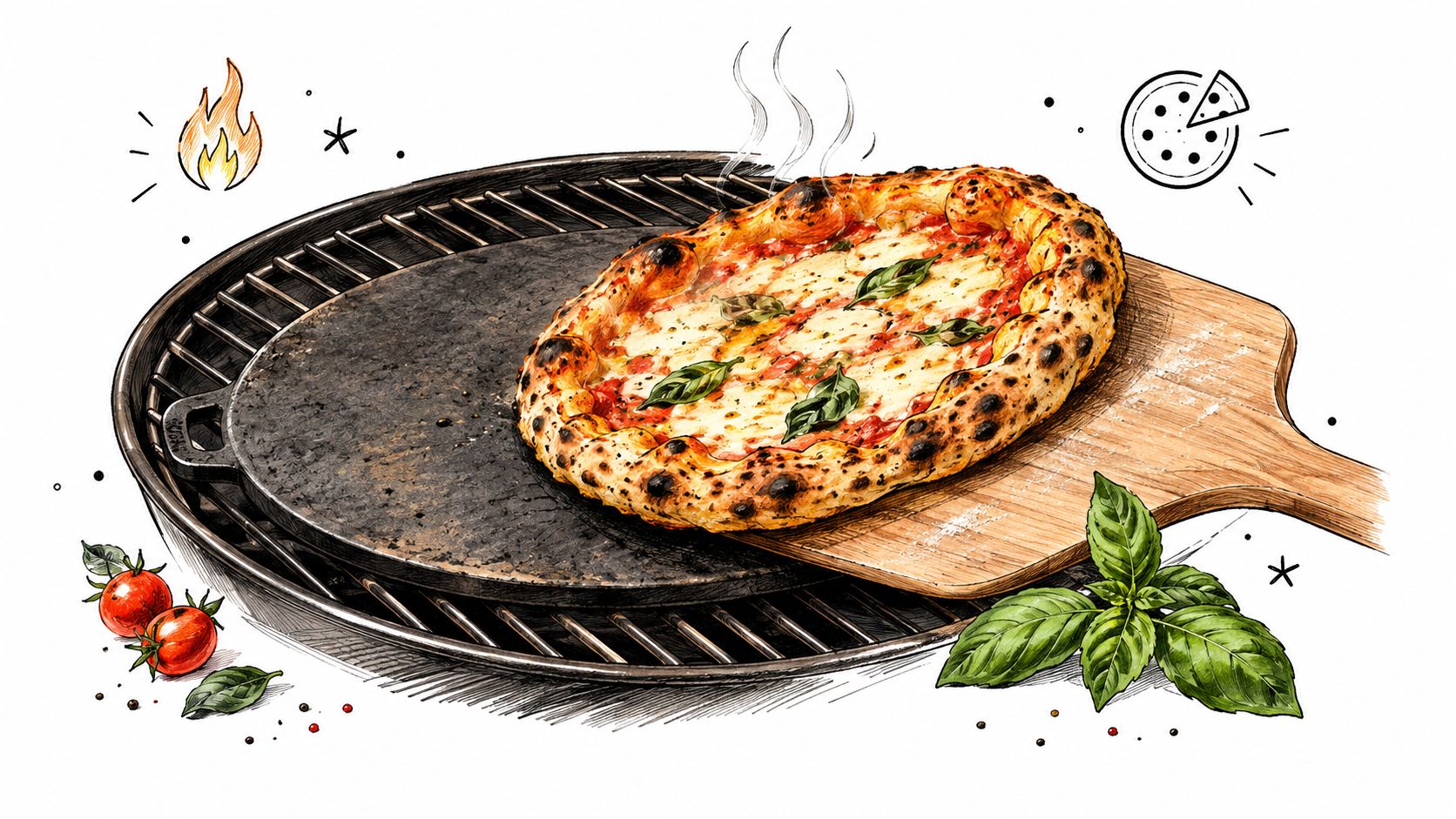 A freshly baked pizza with basil on a round pizza stone sitting on a barbecue grill grate.