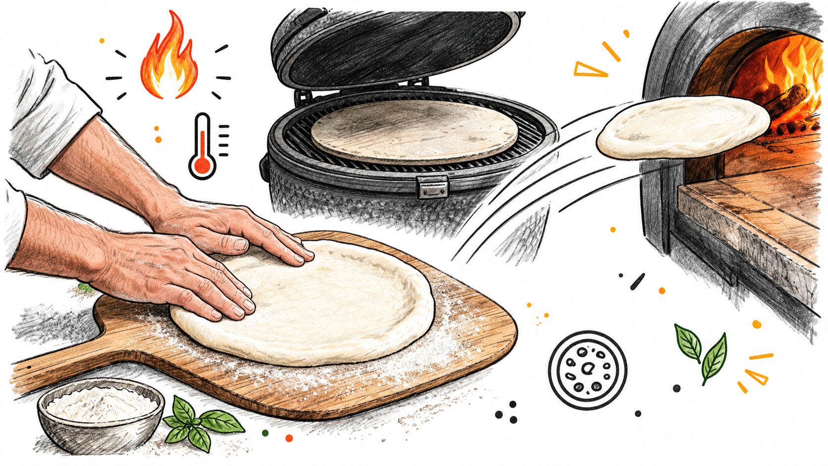 A professional chef shapes pizza dough on a wooden peel with illustrations of cooking heat and ovens.