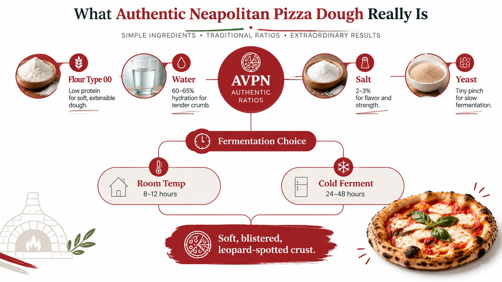 An infographic detailing the ingredients, fermentation options, and authentic standards for making traditional Neapolitan pizza dough.