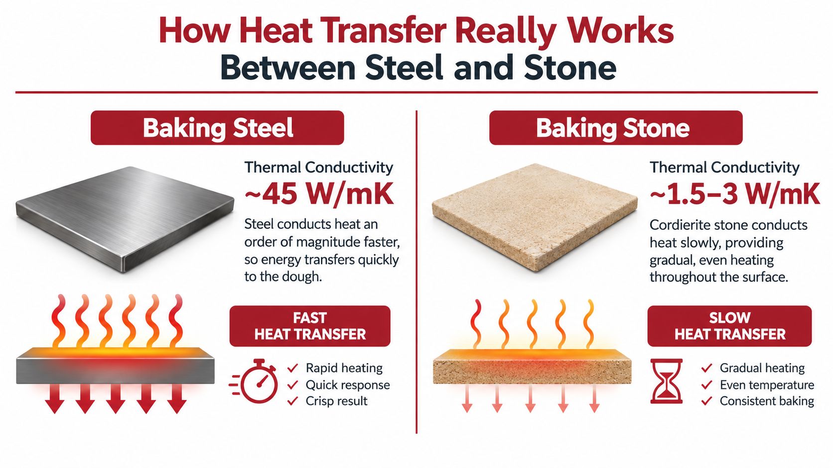 An infographic comparing thermal conductivity and heat transfer properties of baking steel versus baking stone surfaces.