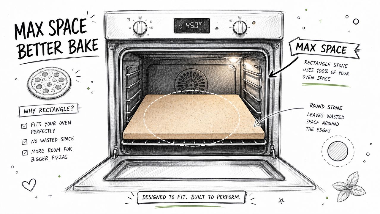A rectangular pizza stone inside an oven, demonstrating how it occupies more space than a round stone.