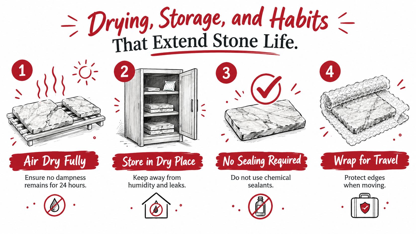 An infographic titled Drying, Storage, and Habits That Extend Stone Life featuring four steps for maintenance.